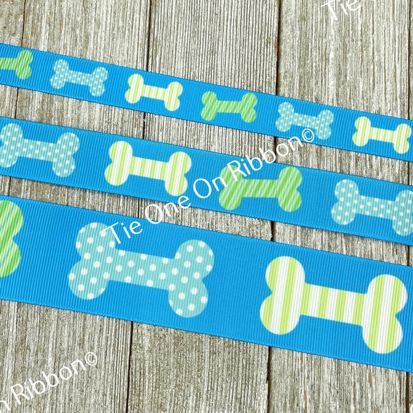 Blue and Green Dog Bones Printed Grosgrain Ribbon - 5/8" - 7/8" - 1.5" - Sew - Craft - Decorating - Bow - Collar - Leash - Scrapbook