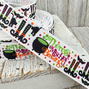 SALE! 3 and 5 Yards Halloween &quot;There&#39;s Mischief Brewing&quot; Witch Cat Cauldron Printed Grosgrain Ribbon -  7/8&quot; - 1&quot; - Sewing - Craft - Decor