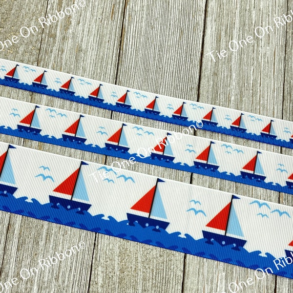 Lot 2 Sail Boat Nautical Sailing Ocean Sea Printed Grosgrain Ribbon - 5/8" -  7/8" - 1.5" Sew - Craft - Decorating - Collars - Hair Bow