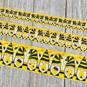 Beekeeper Gnomes With Honey Bees Printed Grosgrain Ribbon - 5/8&quot; -  7/8&quot; - 1.5&quot; - Sew - Craft - Hair Bow - Dog Collar -