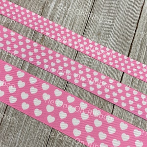White Hearts On Pink Printed Grosgrain Ribbon - 5/8&quot; - 7/8&quot; -  1.5&quot; - Sew - Craft - Decor - Tag - Valentine - Bow - Cards - Wreath - Party