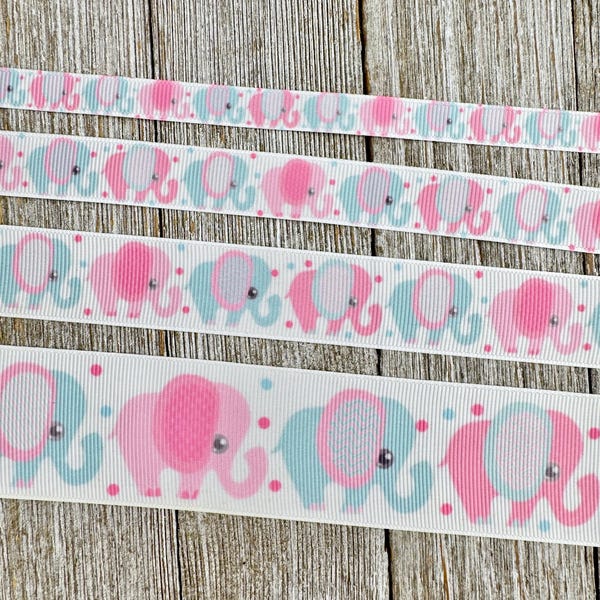Pink & Blue Elephants Dotted Printed Grosgrain Ribbon -  3/8" - 5/8" - 7/8" - 1.5" - Baby Shower - Diaper Cake - Gift Wrap - Gender Reveal