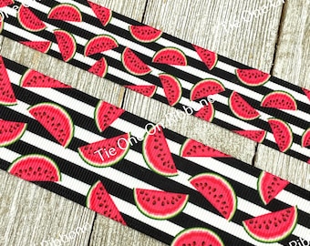 Sale! 5 Yards Medium Print Watermelon on Black & White Stripes Grosgrain Ribbon - 1" - 1.5" - Sew - Craft - Decorating - Bow - Wreath - Tag