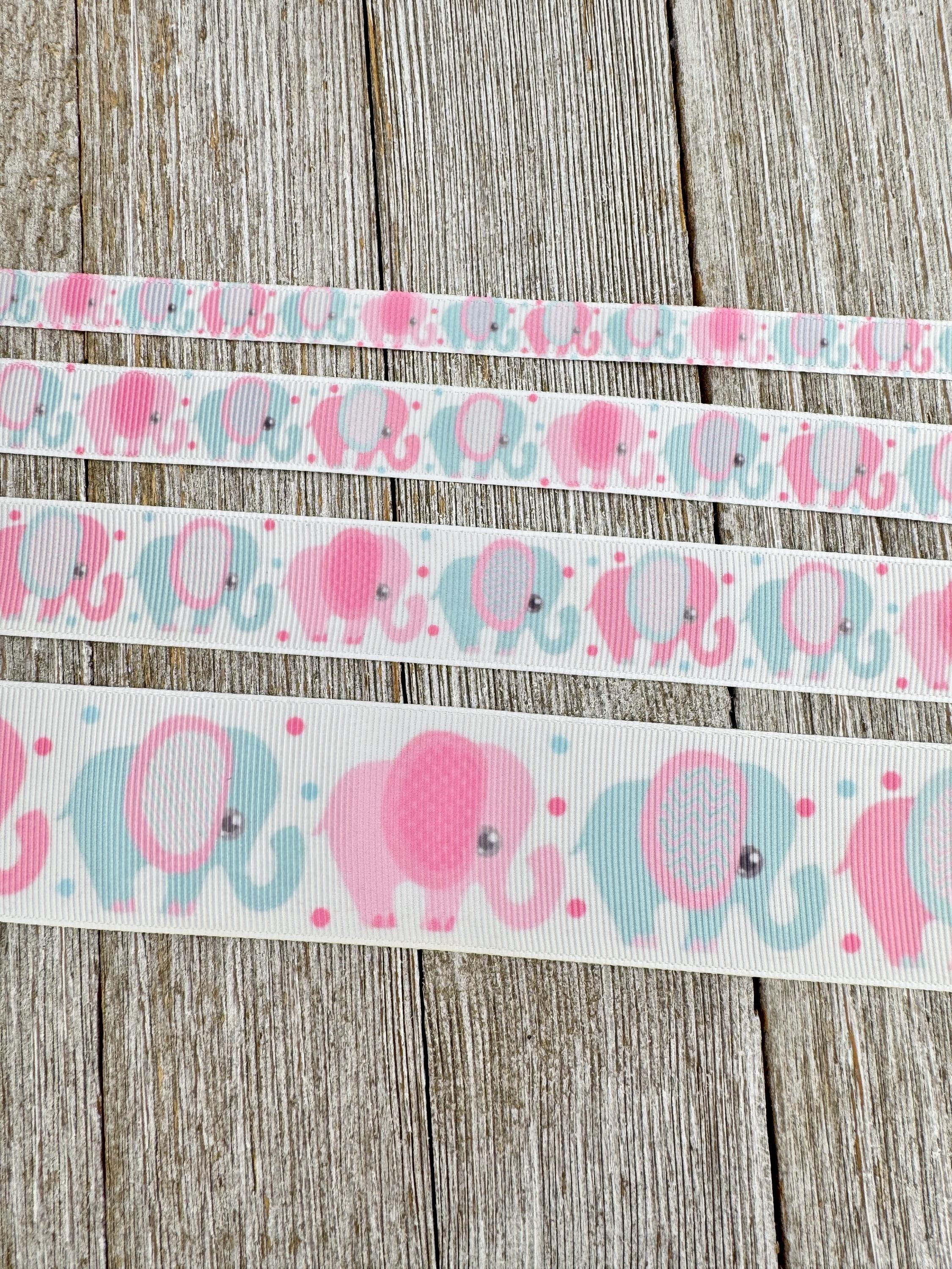 Pink Elephant Ribbon Pink & Blue Elephants Dotted Printed Grosgrain Ribbon - 3/8