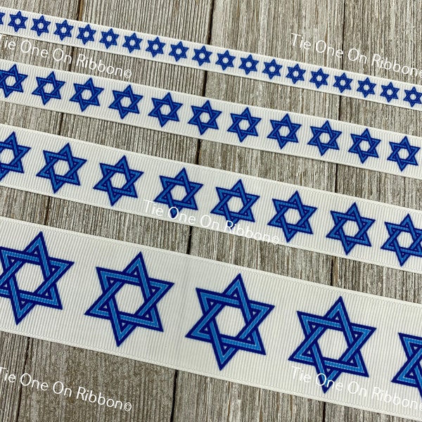 Blue Star of David Hanukkah Jewish Holiday Printed Grosgrain Ribbon - 3/8" - 5/8" - 7/8 - 1.5" - Sew - Craft - Party Decor - Gift Wrap - Bow