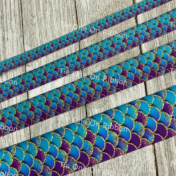 Deep Jewel Tones Turquoise & Purple Tail Scales Mermaid Printed Grosgrain Ribbon -  3/8" - 5/8" - 7/8" - 1.5" - Sew - Craft - Decor - Bow