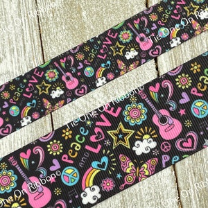 Sale! 3 & 5 Yard Peace Love Guitars Flowers Rainbows Printed Grosgrain Ribbon: 7/8" - 1.5" - Craft - Bow - Scrapbook - Gift Wrap - Scrapbook image 1