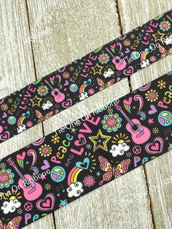 Sale! 3 & 5 Yard Peace Love Guitars Flowers Rainbows Printed Grosgrain Ribbon: 7/8" - 1.5" - Craft - Bow - Scrapbook - Gift Wrap - Scrapbook