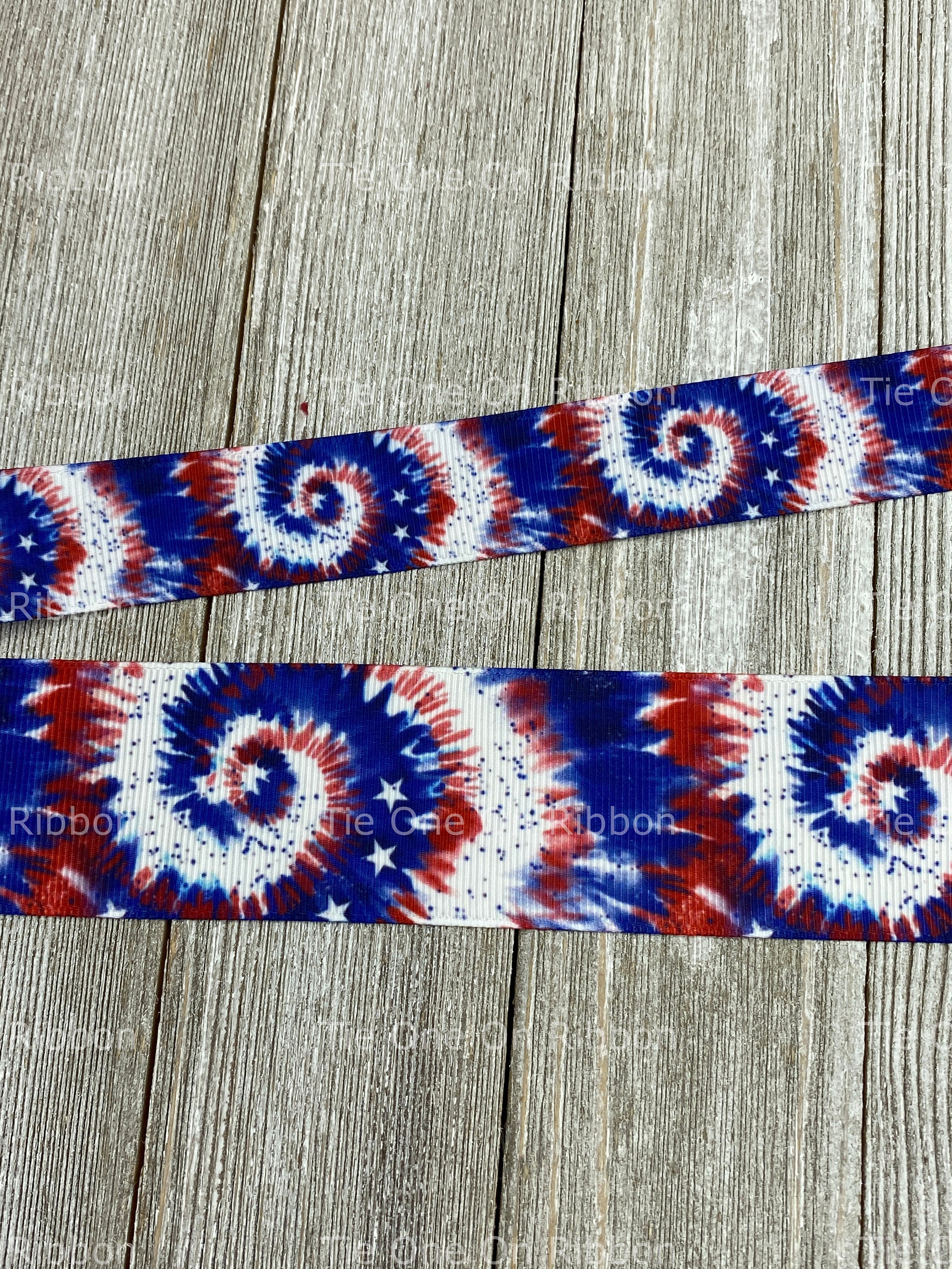 Patriotic Stars Tie Dye Swirls Printed Grosgrain Ribbon - 5/8" -…