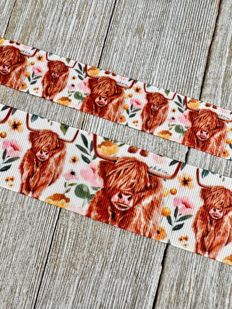 Furry Highland Cow Calf Animal Grosgrain Printed Ribbon - 7/8