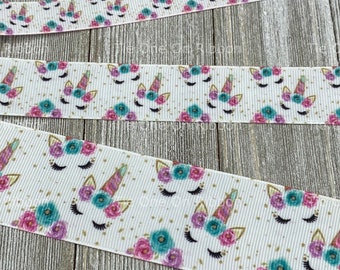 SALE! 5 Yards Unicorn Face With Flowers Printed Grosgrain Ribbon - 5/8 - 1 - 1.5 Inch - Sew - Craft - Decor - Hair Bow - Luggage Tag - Bow