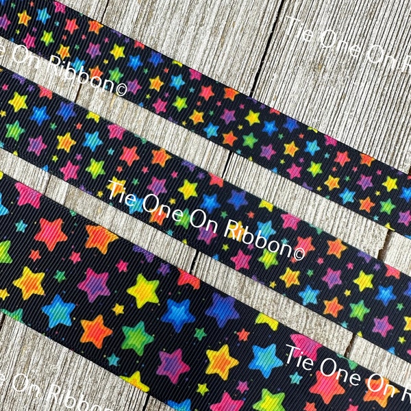 Bright Stars on Black Background Printed Grosgrain Ribbon -  5/8 - 7/8 - 1.5 Inch - Sewing - Crafting - Decorating - Cheer Bow