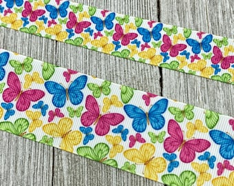 Summer Butterflies On White Printed Grosgrain Ribbon - 7/8 - 1.5 Inch - Sewing - Crafting - Decorating - Bows  - Collars - Tags