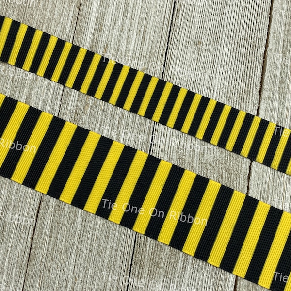 Black and Gold Vertical Stripe Printed Grosgrain Ribbon - 7/8" - 1.5" - Sew- Craft- Decor - Bow - Dog Collar - Football Team - Sport