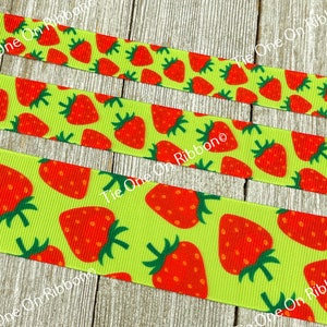 Red Strawberries on Printed Grosgrain Ribbon -  5/8&quot; - 7/8&quot; - 1.5&quot; Wide - Sewing - Crafting - Decorating - Bows - Collar