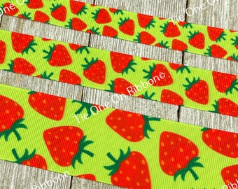 Red Strawberries on Printed Grosgrain Ribbon -  5/8" - 7/8" - 1.5" Wide - Sewing - Crafting - Decorating - Bows - Collar