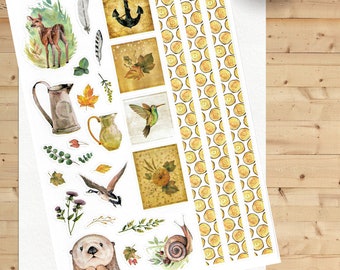 Sticker DINA 4 sheets embossed with autumn leaves and washi tape tree wood slices