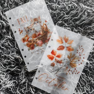 Könnte beinhalten: Zwei transparente Planereinlagen mit herbstlichen Illustrationen. Eine zeigt Kätzchen in einem Korb mit dem Text "Verliebe dich in so viele Dinge wie möglich". Die andere zeigt Herbstlaub und den Text "Meine Lieblingsfarbe ist Oktober."