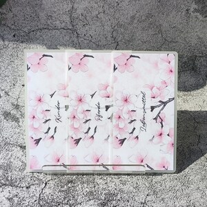 Könnte beinhalten: Drei rechteckige weiße Etiketten mit einem zarten rosa Kirschblütenmuster. Jedes Etikett ist mit schwarzer Schreibschrift beschriftet: das erste mit Kinder, das zweite mit Pferde und das dritte mit Lebensmittel. Die Etiketten stehen in einem transparenten Halter.