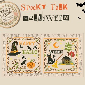Può includere: Un ricamo a tema Halloween con la scritta "Spooky Folk Halloween". Il disegno comprende motivi a punto croce con un cappello da strega, un gatto nero, una zucca e le parole "Happy Halloween". L'immagine include anche il testo "Halloween Embroidery Contest 2025."