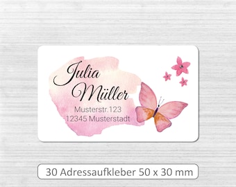 Aufkleber mit Name und Adresse # 30 Stück 50 x 30 mm # Personalisiert mit Namen # Adressetikett # Schmetterling # Aquarell