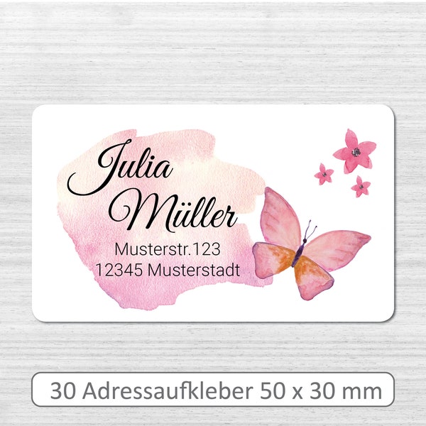 Aufkleber mit Name und Adresse # 30 Stück 50 x 30 mm # Personalisiert mit Namen # Adressetikett # Schmetterling # Aquarell