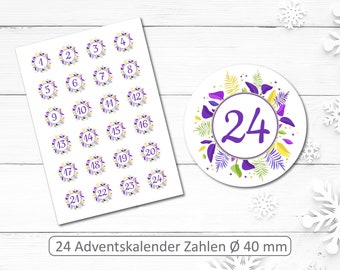 Adventskalender Zahlen 1 - 24 zum aufkleben - runde Aufkleber Durchmesser 40 mm - für Kalender Advent