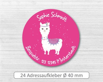 Adressaufkleber für Kinder # personalisierte Etiketten für Schüler # runde Aufkleber mit Namen # 24 Stück 40 mm Durchmesser # Motiv Lama