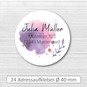 Adressaufkleber mit Adresse und Name # 24 Stück # 40 mm Durchmesser # Aufkleber personalisiert mit Anschrift # Aquarell Lila Rosa # Floral #