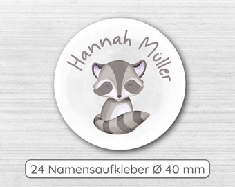 Namensaufkleber für Kinder # personalisierte Etiketten für Schüler # runde Aufkleber mit Namen # 24 Stück 40 mm Durchmesser # Waschbär