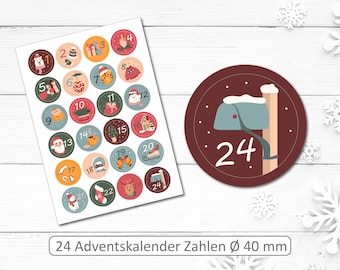 Adventskalender Zahlen zum aufkleben - 24 Aufkleber - Durchmesser 40 mm -