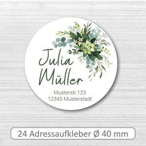 Adressaufkleber mit Adresse und Name # 24 Stück # 40 mm Durchmesser # Aufkleber personalisiert mit Anschrift # Blumen grün  # Floral #