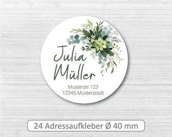 Adressaufkleber mit Adresse und Name # 24 Stück # 40 mm Durchmesser # Aufkleber personalisiert mit Anschrift # Blumen grün  # Floral #