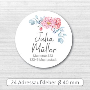 Adressaufkleber mit Adresse und Name # 24 Stück # 40 mm Durchmesser # Aufkleber personalisiert mit Anschrift # Floral Rose #