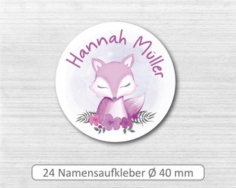 Namensaufkleber für Kinder # runde Aufkleber mit Namen # personalisierte Etiketten für Schüler # 24 Stück 40 mm Durchmesser # Motiv Füchsin