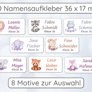 Könnte beinhalten: 80 personalisierte Namensaufkleber mit verschiedenen Tiermotiven, darunter ein Löwe, ein Waschbär, ein Flusspferd, ein Elefant, ein Reh, ein Koala, ein Rotpanda und ein Fuchs. Jeder Aufkleber ist 36 x 17 mm groß und enthält einen Namen, eine Klasse und den Text "Klasse 2a".