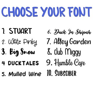 May include: A list of ten different fonts, each with a number and a name. The fonts are displayed in black on a white background. The text at the top of the image reads "CHOOSE YOUR FONT".