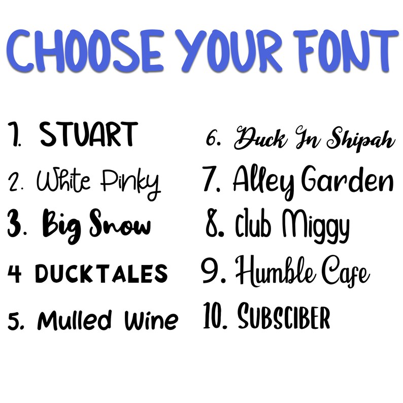 May include: A list of ten different fonts, each with a number and a name. The fonts are displayed in black on a white background. The text at the top of the image reads "CHOOSE YOUR FONT".