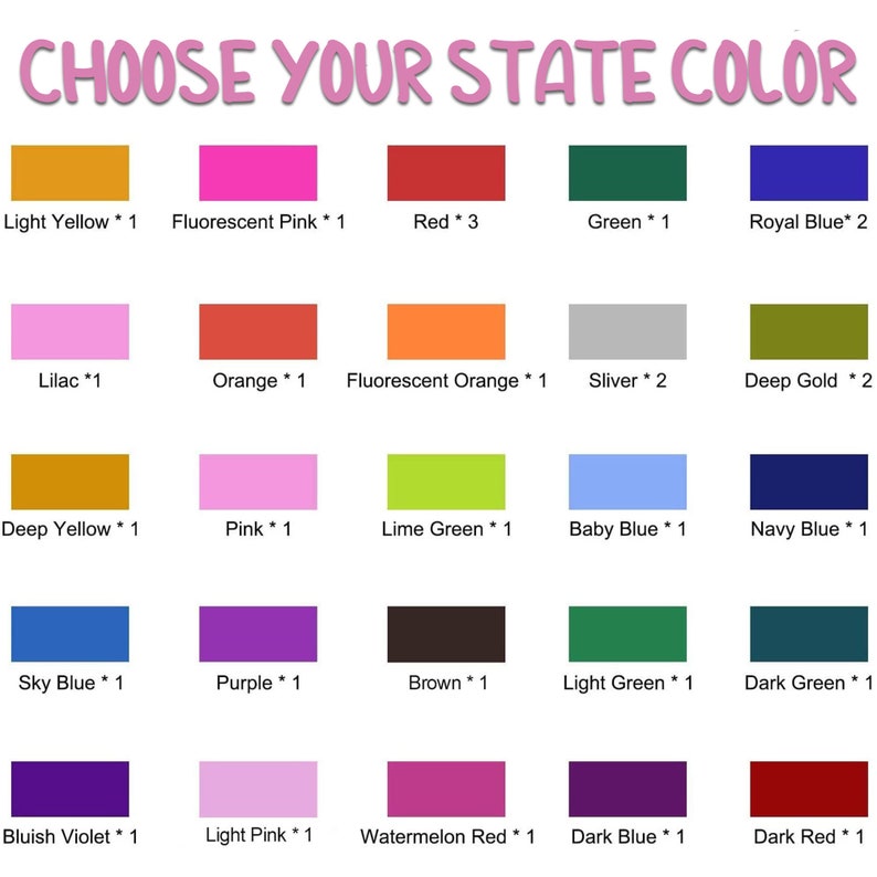 May include: A chart showing different colors with their names and numbers. The colors include light yellow, fluorescent pink, red, green, royal blue, lilac, orange, fluorescent orange, silver, deep gold, deep yellow, pink, lime green, baby blue, navy blue, sky blue, purple, brown, light green, dark green, bluish violet, light pink, watermelon red, dark blue, and dark red.