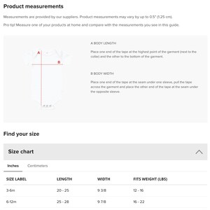 May include: Size chart for baby clothes with measurements in inches and pounds. The chart shows the size label, length, width, and weight range for each size. Sizes include 3-6 months, 6-12 months, 12-18 months, and 18-24 months.