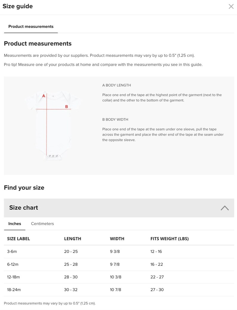 May include: Size chart for baby clothes with measurements in inches and pounds. The chart shows the size label, length, width, and weight range for each size. Sizes include 3-6 months, 6-12 months, 12-18 months, and 18-24 months.