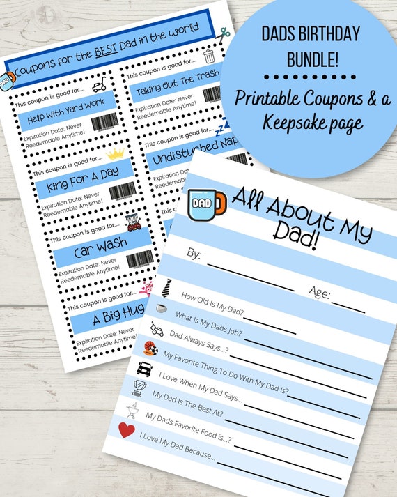 Coupons for DAD and Keepsake printable, Dad Gift, Fathers Day Gift, Dad Keepsake Instant Download, Fathers Day Printable, PDF
