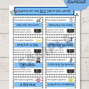 Peut inclure: Une feuille imprimable de coupons pour "le MEILLEUR papa du monde". Chaque coupon propose une activit&eacute; diff&eacute;rente, comme "Aide aux travaux de jardinage" et "Un gros c&acirc;lin". Les coupons sont bleus et blancs avec des pois noirs et incluent le texte "T&eacute;l&eacute;chargement instantan&eacute;!"