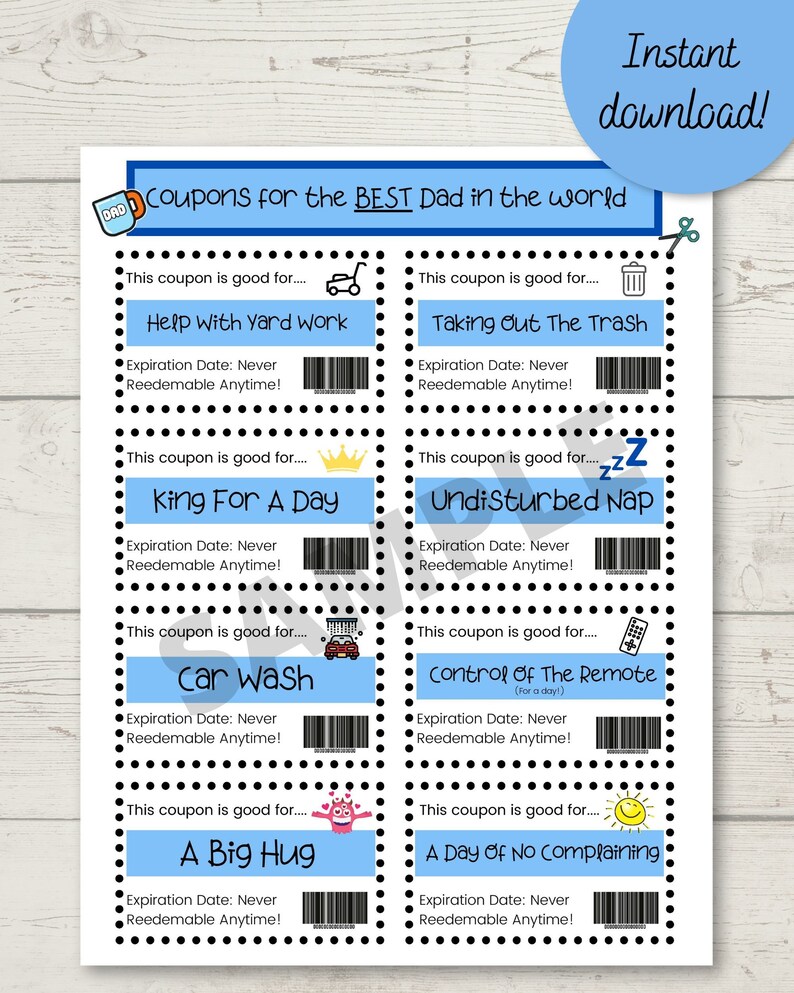 Coupons for DAD and Keepsake Printable Dad Gift Fathers Day Etsy