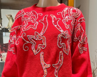 Stylish Vintage Batwing Sleeved 80's Pullover with Sequin and Embroidered Design