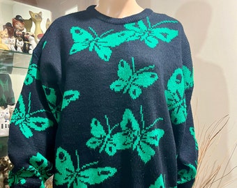 Vintage 80's Black and Green Jumper with Green Butterflies