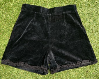 Vintage 80's Velvet Feel Shorts with Side Zip and Ruffle Lace Hem