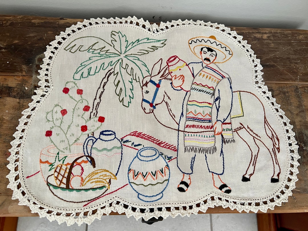 Three Vintage Mexican Themed Embroidered Doilies Etsy