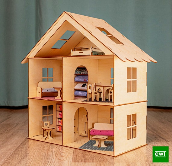 Dollhouse With Furniture Plywood Doll House Natural Etsy