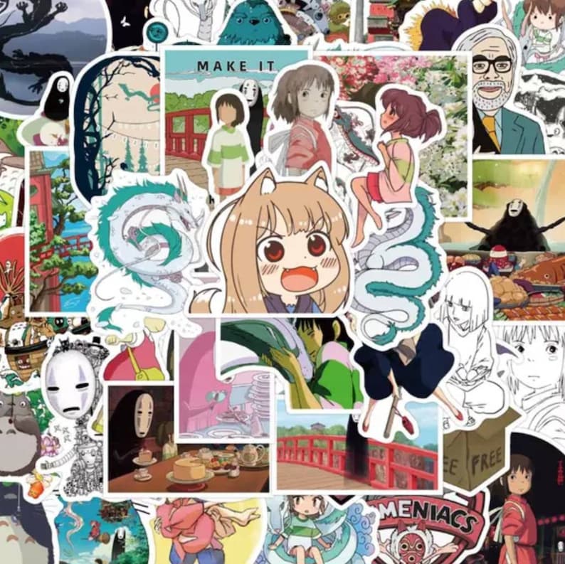 K&ouml;nnte beinhalten: Eine Sammlung farbenfroher Anime-Sticker mit Charakteren und Szenen aus dem Film Spirited Away. Die Sticker zeigen einen Drachen, ein M&auml;dchen und den Text "MAKE IT".